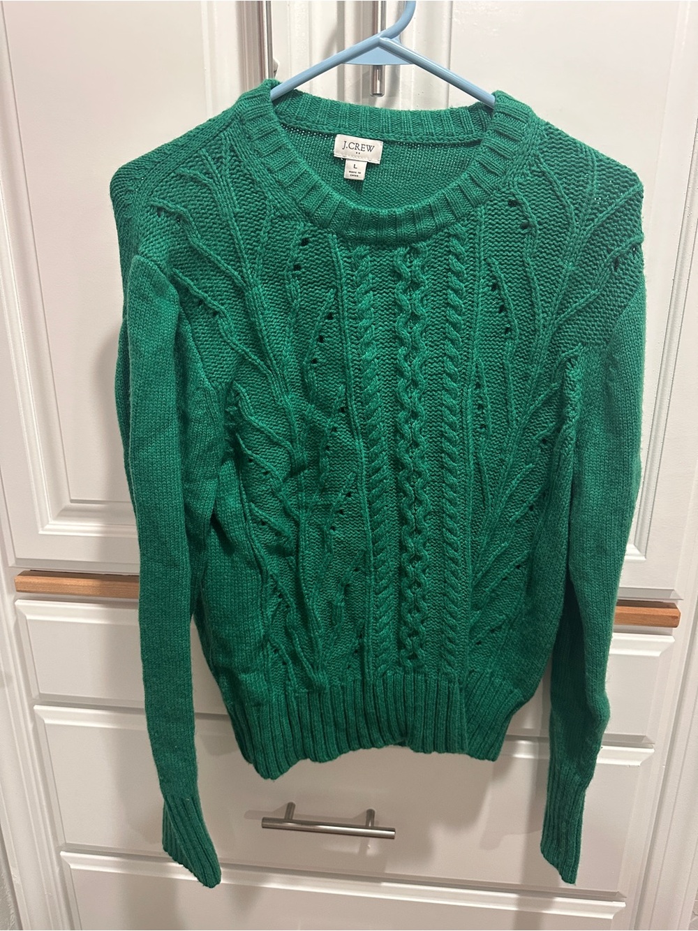 Crew Kelly Green Lambs Wool Blend Cable Knit Pointelle Sweater L